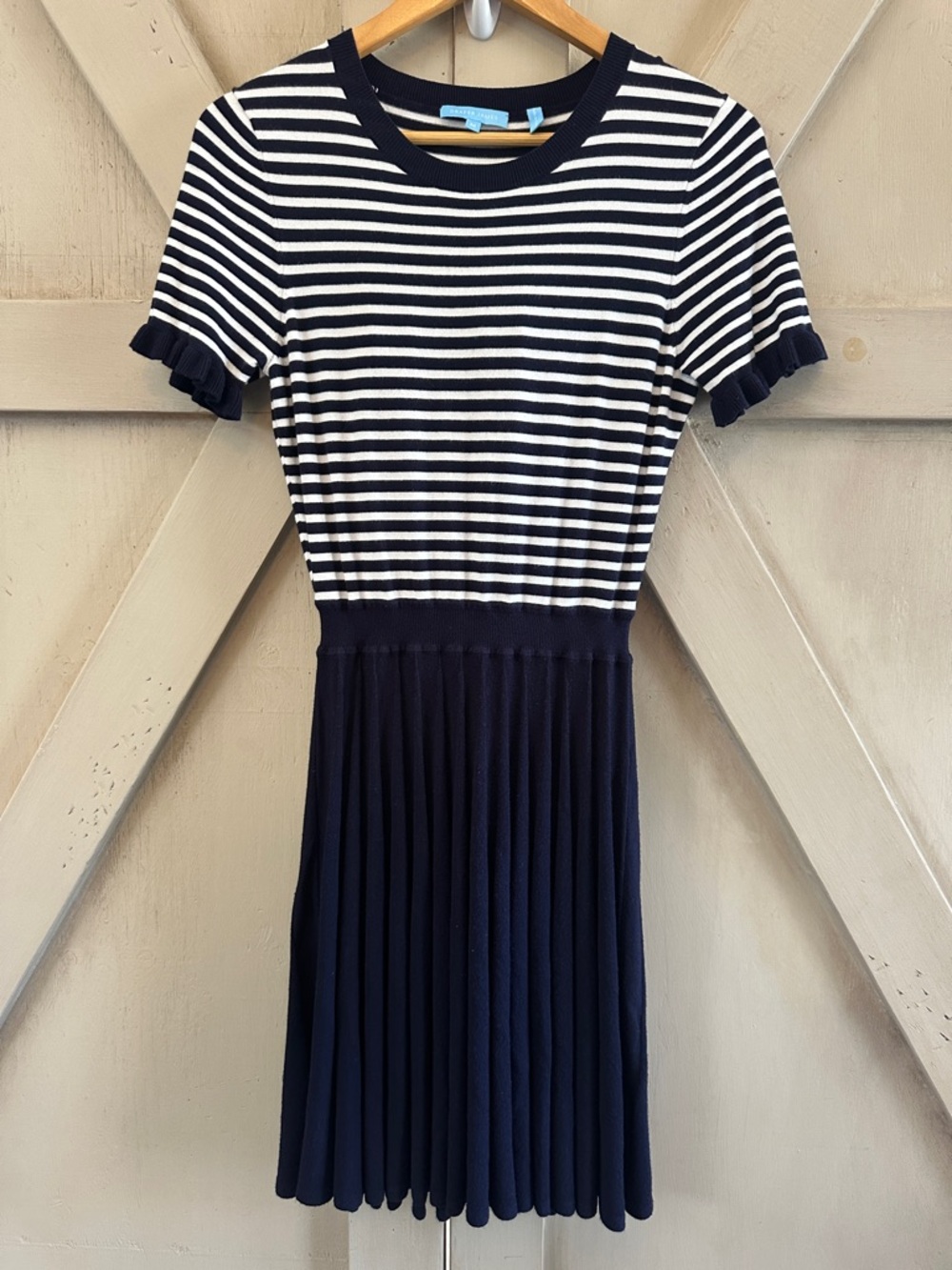 Draper James Navy Stripe Knit Fit & Flare Dress Pleated Skirt Size M